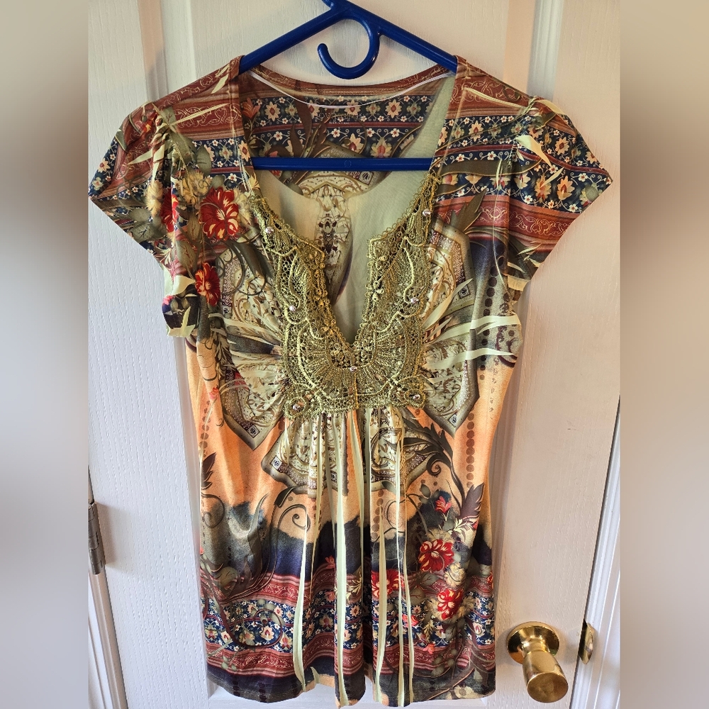 Multicolor Patterned Dress with Gold Accents